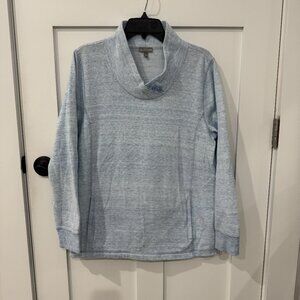 T by Talbots blue long-sleeve sweater with shawl collar and three button detail